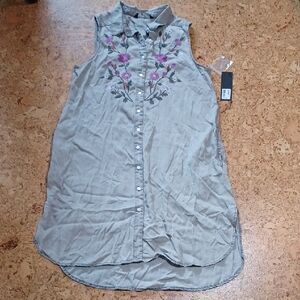 GNW Women's Gray Sleeveless Embroidered Midi Shirt Dress Size M NWT